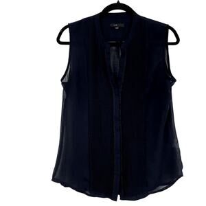 Aritzia Fate Navy Blue Sleeveless Pleated Womens Button Down Shirt L Blouse